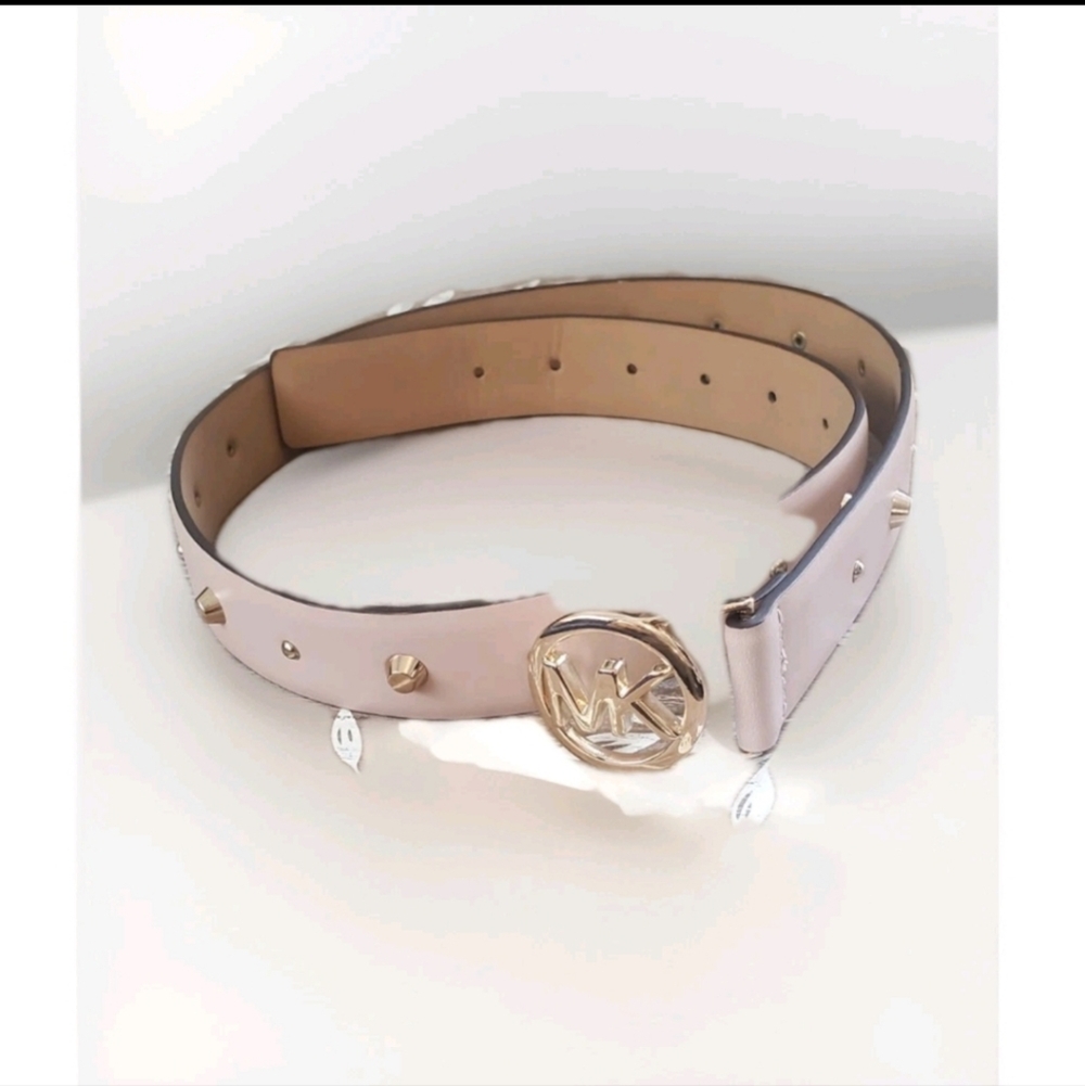 Michael Kors Leather Studded Monogram Buckle Wide Belt - Picture 6 of 6